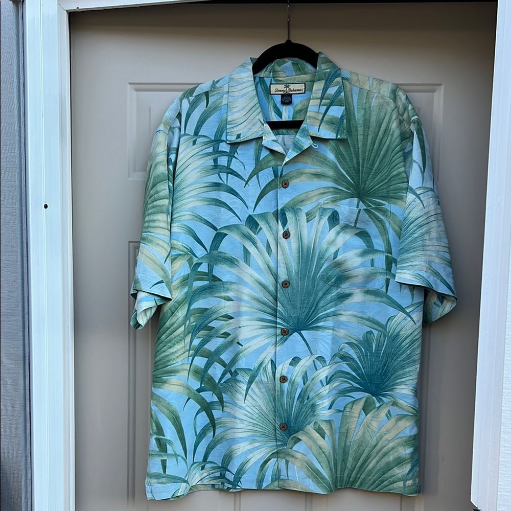 Tommy Bahama Relax Tropical Leaf Print Shirt- 100% Silk Blue & Green